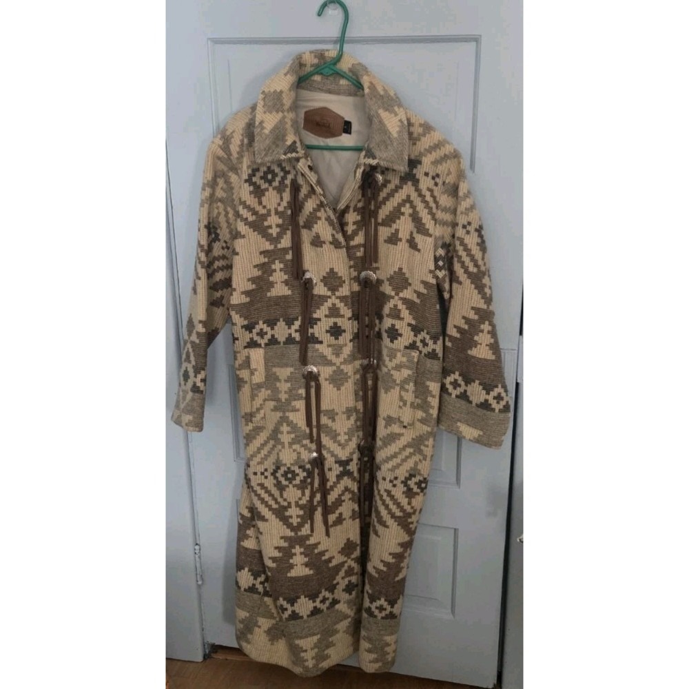 Vintage Southwestern Woolrich Wool Blanket Coat Womens SZ Med Beige Gray Hood